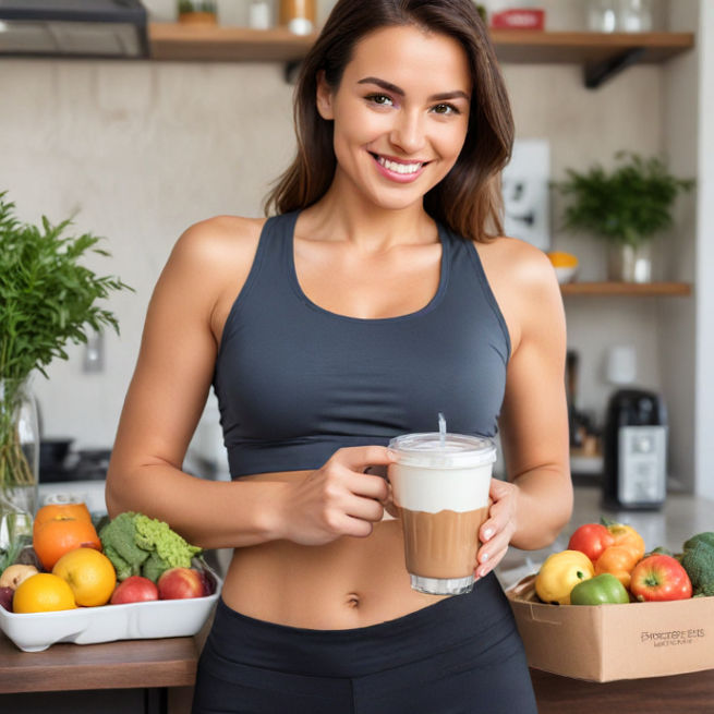 A person holding FitSpresso, smiling at weight loss progress, with healthy food and water nearby.